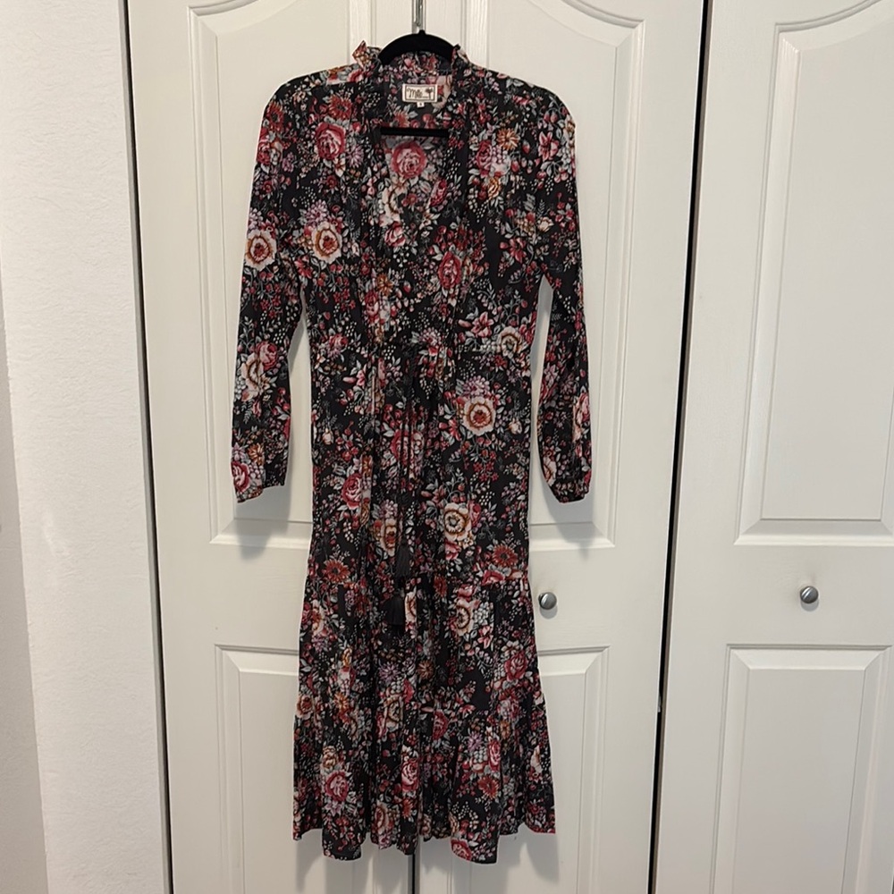 Black and Pink Ruffled Long Sleeve V-Neck Sundress